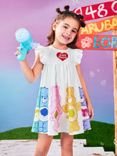 Young Girls Colorful Heart & Bear Print Cap Sleeve Cute Short Dress